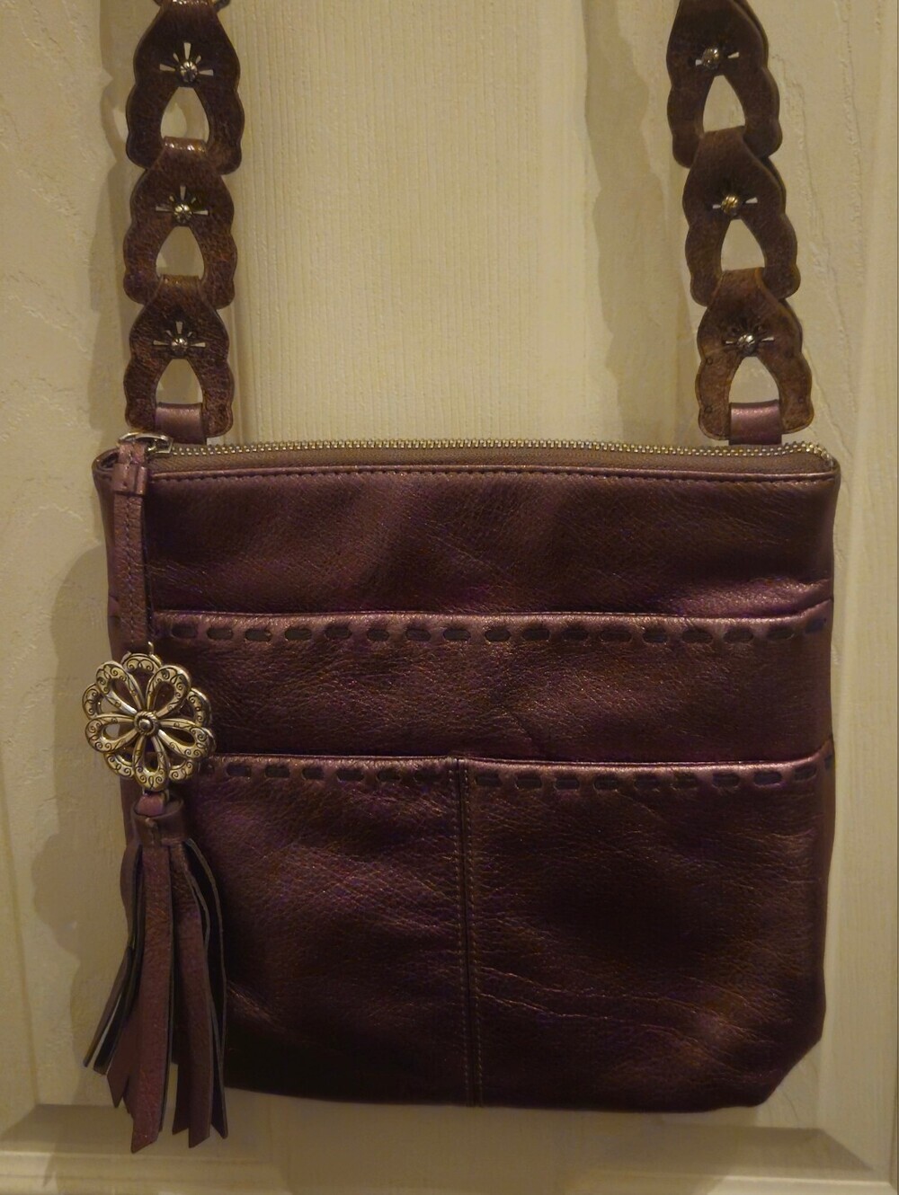 Brighton Koda Bronze Metallic Leather Crossbody Bag with Tassel